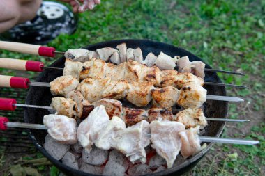 Mangal ızgarasında kızgın kömürün üzerinde ızgara yapılmış et parçaları. Bazı etler kısmen pişmiş, diğer parçalar çiğ görünüyor. Şişlerin ahşap sapları ve kırmızı aksanları vardır. Açık havada. Yeşil çimen.