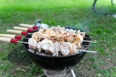 Mangal ızgarasında kızgın kömürün üzerinde ızgara yapılmış et parçaları. Bazı etler kısmen pişmiş, diğer parçalar çiğ görünüyor. Şişlerin ahşap sapları ve kırmızı aksanları vardır. Açık havada. Yeşil çimen.