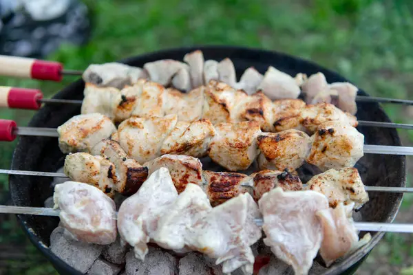 Mangal ızgarasında kızgın kömürün üzerinde ızgara yapılmış et parçaları. Bazı etler kısmen pişmiş, diğerleri çiğ görünüyor. Şişlerin ahşap sapları ve kırmızı aksanları vardır. Açık havada. Yeşil çimen.