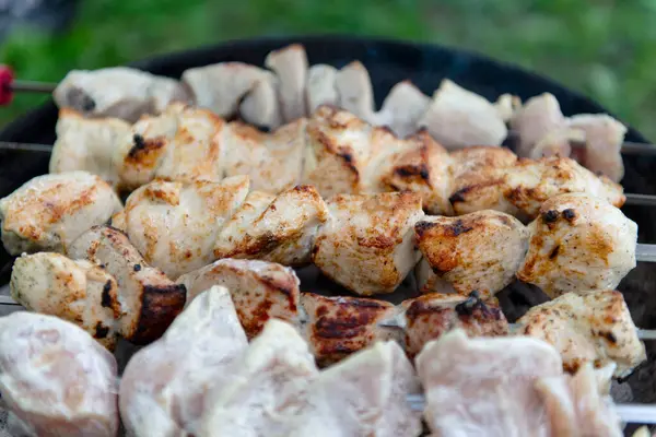 Mangal ızgarasında kızgın kömürün üzerinde ızgara yapılmış et parçaları. Bazı etler kısmen pişmiş, diğer parçalar çiğ görünüyor. Şişlerin ahşap sapları ve kırmızı aksanları vardır. Açık havada. Yeşil çimen.