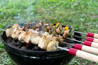 Lezzetli tavuk kebabı ve dilimlenmiş sebzeler ızgarada sıcak kömür üzerinde pişiyor. Lezzetli arka bahçe BBQ yemek hazırlığı.