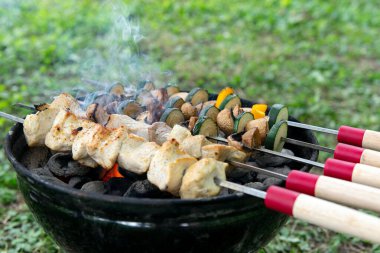 Lezzetli tavuk kebabı ve dilimlenmiş sebzeler ızgarada sıcak kömür üzerinde pişiyor. Lezzetli arka bahçe BBQ yemek hazırlığı.