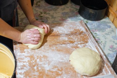 Köy mutfağında ekmek hamuru şekillendiren kadın ellerinin yakın çekimi. Masanın üzerinde siyah pişirme şekilleri olan ev yapımı pişirme işlemi. Geleneksel sıfırdan ekmek pişirme.