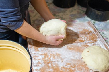 Köy mutfağında ekmek hamuru şekillendiren kadın ellerinin yakın çekimi. Masanın üzerinde siyah pişirme şekilleri olan ev yapımı pişirme işlemi. Geleneksel sıfırdan ekmek pişirme.