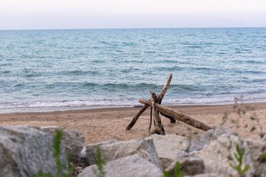 Piece of driftwood standing on sandy shore with blue water and gentle waves in background. Natural coastal scenery with rocks in foreground.