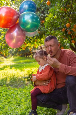Beautiful dad and daughter in the Orange Garden and ripe oranges on the branches of trees. Photo of a father and daughter in the garden among fruit trees.