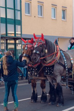 Eisenach, Almanya - 09 Mar 2024: Alman şehrinde karnaval. Kışa ve bahara veda etmeye adanmış bir tatil. Hayvanlar ve yaratıcı kostümler içindeki güzel insanlar sokakta yürürler..