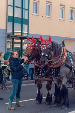Eisenach, Almanya - 09 Mar 2024: Alman şehrinde karnaval. Kışa ve bahara veda etmeye adanmış bir tatil. Hayvanlar ve yaratıcı kostümler içindeki güzel insanlar sokakta yürürler..