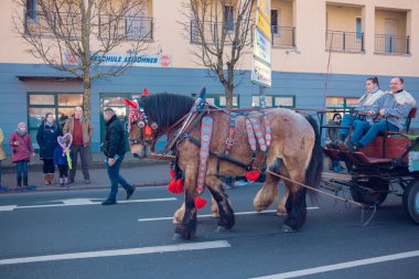 Eisenach, Almanya - 09 Mar 2024: Alman şehrinde karnaval. Kışa ve bahara veda etmeye adanmış bir tatil. Hayvanlar ve yaratıcı kostümler içindeki güzel insanlar sokakta yürürler..