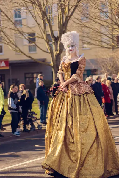 stock image Eisenach, Germany - 09 Mar 2024: Carnaval in German city. A holiday dedicated to saying goodbye to winter and welcoming spring. Beautiful people in creative costumes with animals walk down the street.