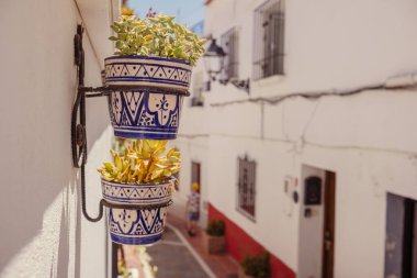 Eski bir evin duvarına sabitlenmiş seramik vazolardaki çiçekler. İspanya 'nın eski Nerja kasabasının dekoru..