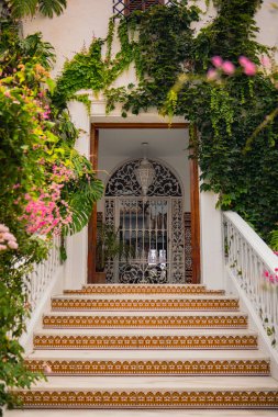 Özel bir eve güzel bir giriş. Mozaik basamakları sıva korkulukları ve açık metal ızgaralı devasa ön kapıyla çevreleyen yeşil alanlar var..