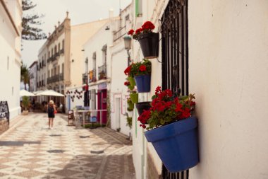 Flowers in patterned ceramic vases fixed to the wall of an old house. Decor of the old town of Nerja in Spain. clipart