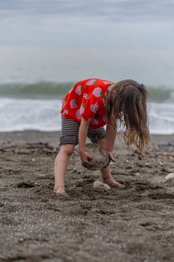 Kırmızı tişörtlü ve çizgili şortlu bir kız kumsalda kum ve taşlarla oynuyor..