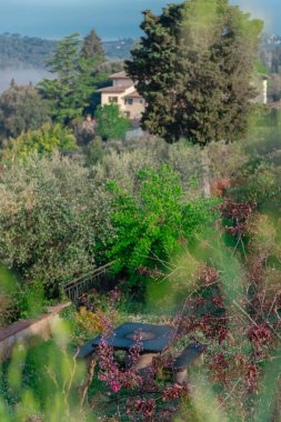 Tuscany 'de üzüm bağları arasında bir yer. İtalyan köyü, arka planda bir ev, bahçede çiçek açan bir ağacın altında masa ve sandalyeler.