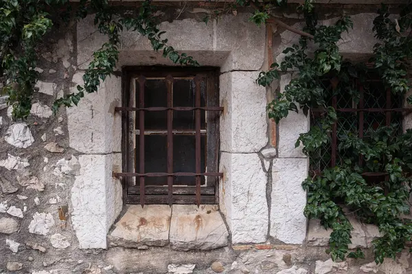 Eski kasaba, taş bina, pencere parmaklıklarla kapatılmış. Paslı dövülmüş parmaklıklar ve duvarlarda büyüyen sarmaşıklar. Eski bir evin penceresi..