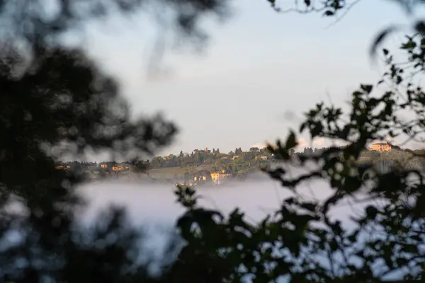 Sis dağların arasından sabahın erken saatlerinde Toskana köyündeki bir nehir gibi akar. İtalya 'nın Toskana bölgesinde resim gibi bir manzara. Tepeler, selvi ağaçları, üzüm bağları..