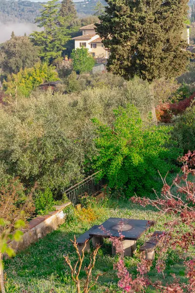 Tuscany 'de üzüm bağları arasında bir yer. İtalyan köyü, arka planda bir ev, bahçede çiçek açan bir ağacın altında masa ve sandalyeler.