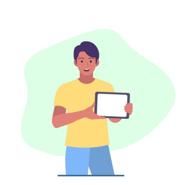 Bir şeylerin reklamını yapan bir adam. Gülümseyen ve elinde tablet tutan bir adam. düz dizayn