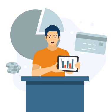 Adam grafiği açıklıyor. İş adamı finans konusunu açıklıyor. finans ve iş unsurları