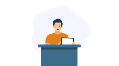 Animasyon adam grafiği açıklıyor. İş adamı finans konusunu açıklıyor. finans ve iş unsurları