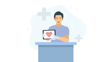 Kalp sembollü bir tablet tutan bir doktor, sağlık veya kardiyolojiye odaklanmayı öneriyor. Bir açıklama yapan animasyon doktoru.