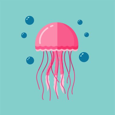 Etrafında birkaç mavi kabarcık yüzen pembe bir denizanasının çizgi film stili çizimi. Düz tasarım. Denizanası logosu