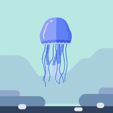 Canlandırılmış mavi denizanası mercan resifinde yüzüyor. Sudaki denizanası çizgi filmi. Mercan resiflerinde yaşayan yaratıklar.