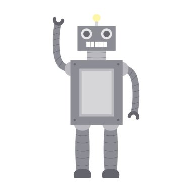 Robot düz tasarım. Robot el sallıyor. Beyaz arkaplanda robot simgesi