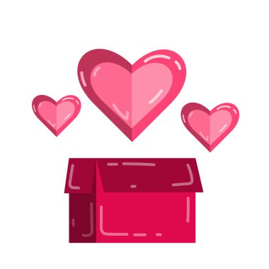 Üzerinde üç pembe kalp olan pembe bir hediye kutusu. Kalp kutusunu. Sevgililer Günü elemanı. Biraz ışıklandırmalı kalp. Vurgulu kalp.