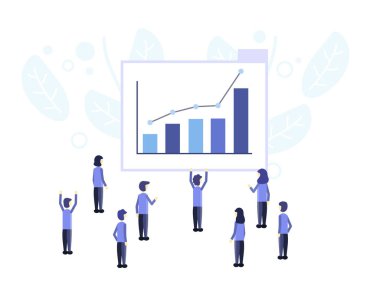 Çizelgeye bakan bir çalışma grubu. Başarılı bir iş grafiği. İş adamları başarıyı kutluyor. yükselen çubuk şeması