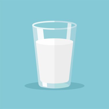 Mavi arka planda bir bardak süt. Düz dizayn edilmiş süt. Basit süt simgesi