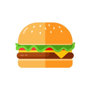 Düz tasarım burger çizimi. Peynirli etli hamburger. Hamburger ikonu. Hamburger logosu. abur cubur Sağlıksız yiyecekler