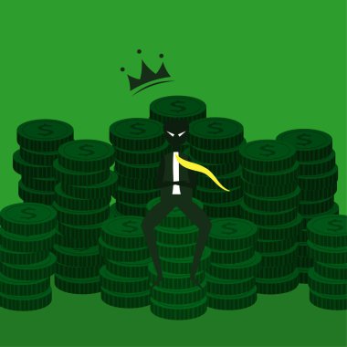 Bozuk paranın üzerinde oturan biri. Açgözlü kötü karakter. Para düşkünü patron. Zengin, başarılı iş adamı. şeytani iş adamı karakter vektör tasarımı