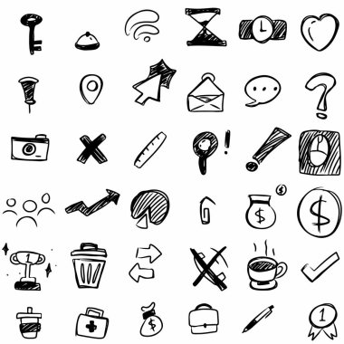 İş ve ofis simgeleri. Kurumsal Tasarım, Raporlar ve İnternet için El Çizimi Tasarım Koleksiyonu