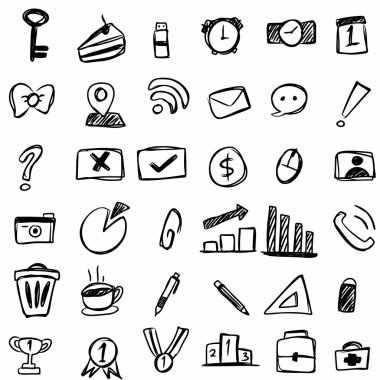 Siyah ve Beyaz El Ofis Simgeleri. Haberler ve Sunumlar için Tek Renkli İş Karalamaları. Her Şirketin İhtiyacı İçin Siyah ve Beyaz Simgeler