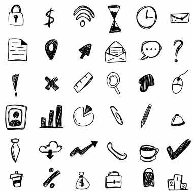 Siyah ve Beyaz El Ofis Simgeleri. Haberler ve Sunumlar için Tek Renkli İş Karalamaları. Her Şirketin İhtiyacı İçin Siyah ve Beyaz Simgeler