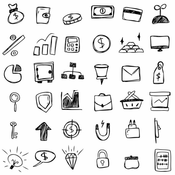 business and finance theme hand drawn icon set. office, money and finance related doodles. suitable for presentation, report card and company. black and white hand drawn icons. set 1