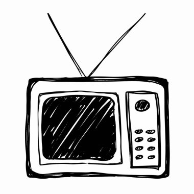 Eski televizyon el çizimi ikon. Sevimli eski televizyon karalaması. Sevimli ve sevimli el çizimi karalama. Eski televizyonun siyah beyaz taslağı. retro TV karalaması