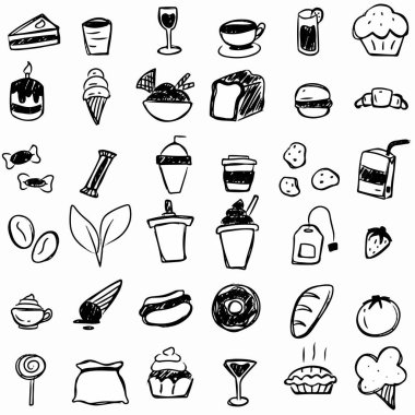 yemek el çizimi ikon seti. Sevimli ve sevimli sembol karalaması. Cafe Hand siyah beyaz simge çizdi. Kafe siyah beyaz karalama. 2. Set