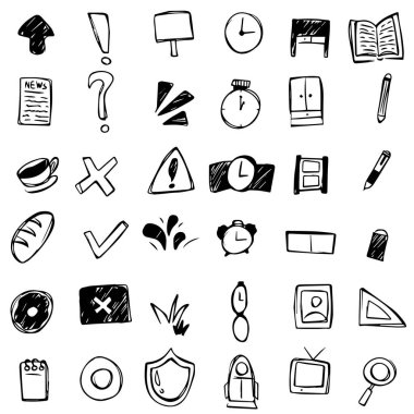 Semboller hakkında el çizimi simgesi ayarlandı. Sevimli ve sevimli sembol karalamaları. siyah ve beyaz el çizilmiş ikonlar. İşaretler ve sembollerle ilgili siyah beyaz karalamalar. 5. Set