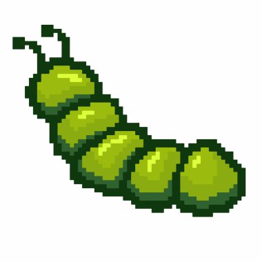Tırtıl pikseli sanatı. Şirin ve sevimli bir tırtıl pikseli ikonu. İş logoları, çıkartmalar ve oyun unsurları için uygun. Renkli hayvan pikseli. Yeşil bir tırtıl yürüyor.