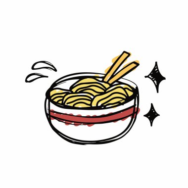 Erişte karalaması. Sevimli ve sevimli erişte ikonu karalaması. Bir iş logosu için uygun. Renkli yemek karalaması. Kavanozda sıcak erişte.