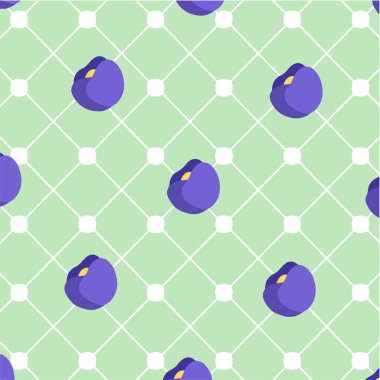 Ortasında sarımsı bir aksanla biçimlendirilmiş mor çiçekleri içeren kusursuz desen, açık yeşil bir arkaplanda beyaz bir şebeke deseni ile düzenlenmiş. Estetik minimalist
