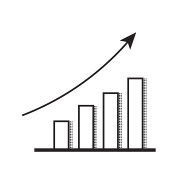 Pasta grafiği simgesi. Yukarı doğru eğimli bir ok çizelgesi. Basit bir siyah beyaz simgesi. İş ve finans gibi çeşitli bağlamlarda olumlu gelişmeyi, gelişmeyi veya genişlemeyi sembolize eder.