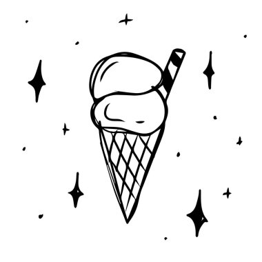 Işıltılarla çevrili iki kepçe ve bir sopayla bir dondurma külahının siyah beyaz çizimi. Işıltılı karalama dondurması.