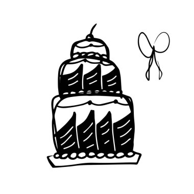 Güzel düğün pastası süslemeleri ve malzemeler. Bir sürü süslemeli siyah beyaz doğum günü pastası. Herhangi bir kutlama teması için mükemmel.