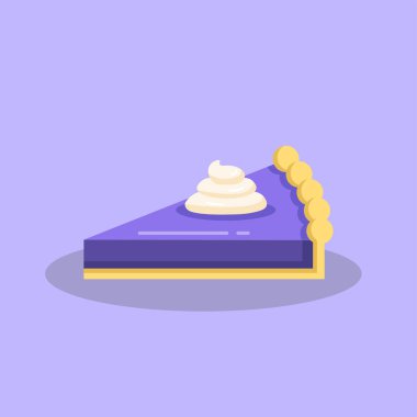 Üstünde krema olan bir dilim yaban mersinli turtanın düz tasarımı. Mavi arka planda lezzetli bir yaban mersinli turta. Lezzetli bir turtanın düz tasarımı