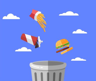 Patates kızartması, içecek bardağı ve çöp kutusuna atılan bir hamburger de dahil olmak üzere çeşitli fast food ürünlerinin düz dizaynı. Düz dizayn sağlıksız yiyecekleri çöpe atıyor