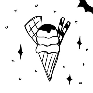 Etrafına şeker serpiştirilmiş lezzetli dondurmalar. Üç istiflenmiş dondurma külahının el çizimi. Siyah beyaz dondurma tasarımı